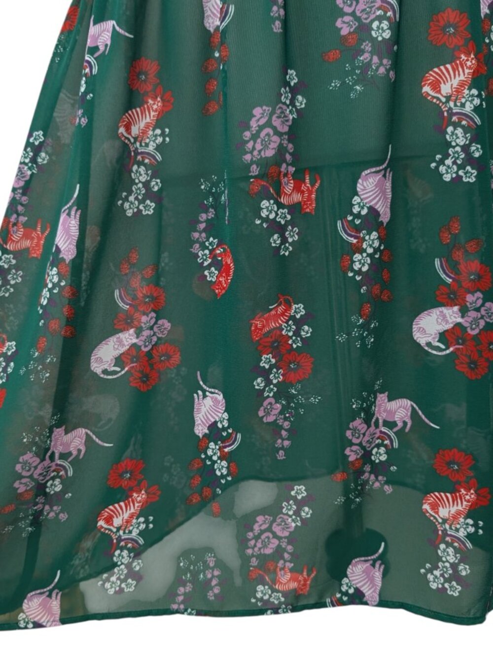 Modcloth Womens Size XL Green Floral Kitty Cats Sheer Ruffle Neck Retro Dress - Picture 7 of 12